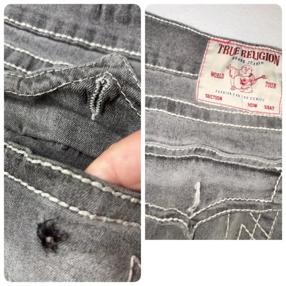True Religion Jeans 34x32.5 Gray Ricky Flap Pocket Straight Leg Distressed READ